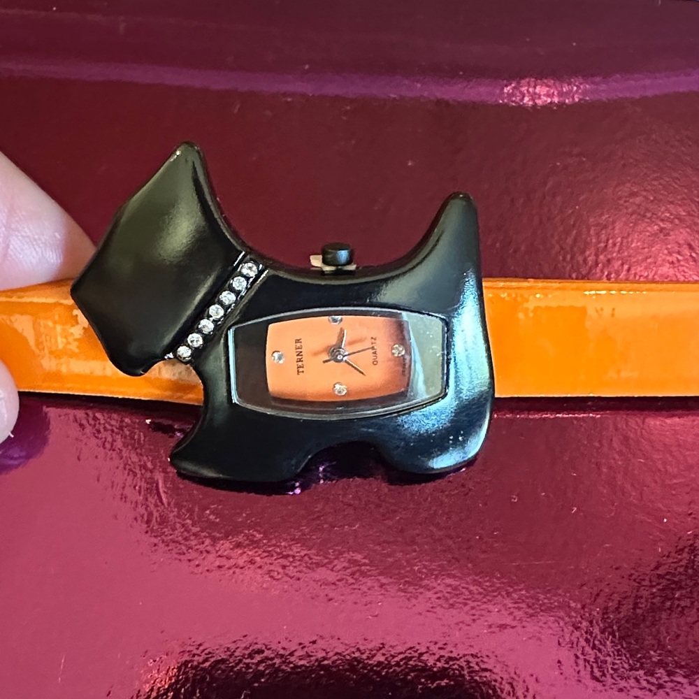 NWT Bijoux Terner Kitsch Novelty  Black Dog-Shaped Watch Orange Band Statement